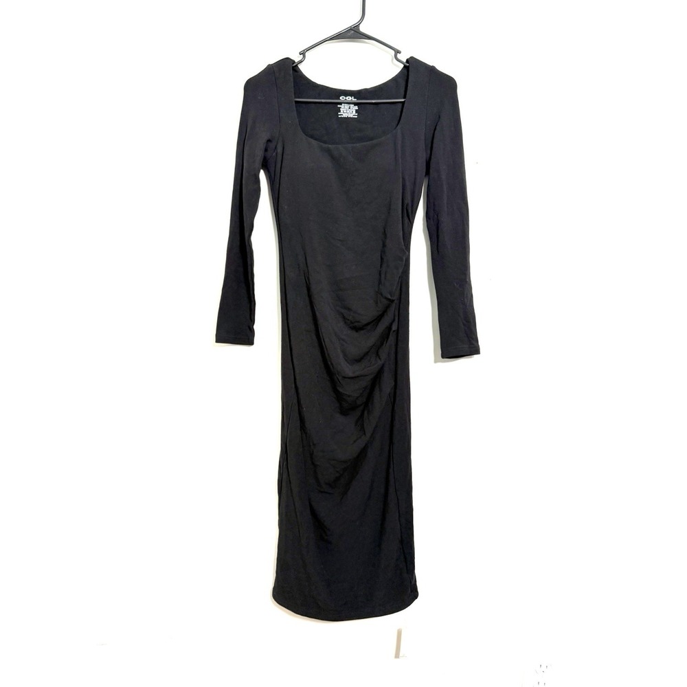 OGL Square Neck Long Sleeve Ruched Waist Midi Body Con Black Sz S Classy Soft